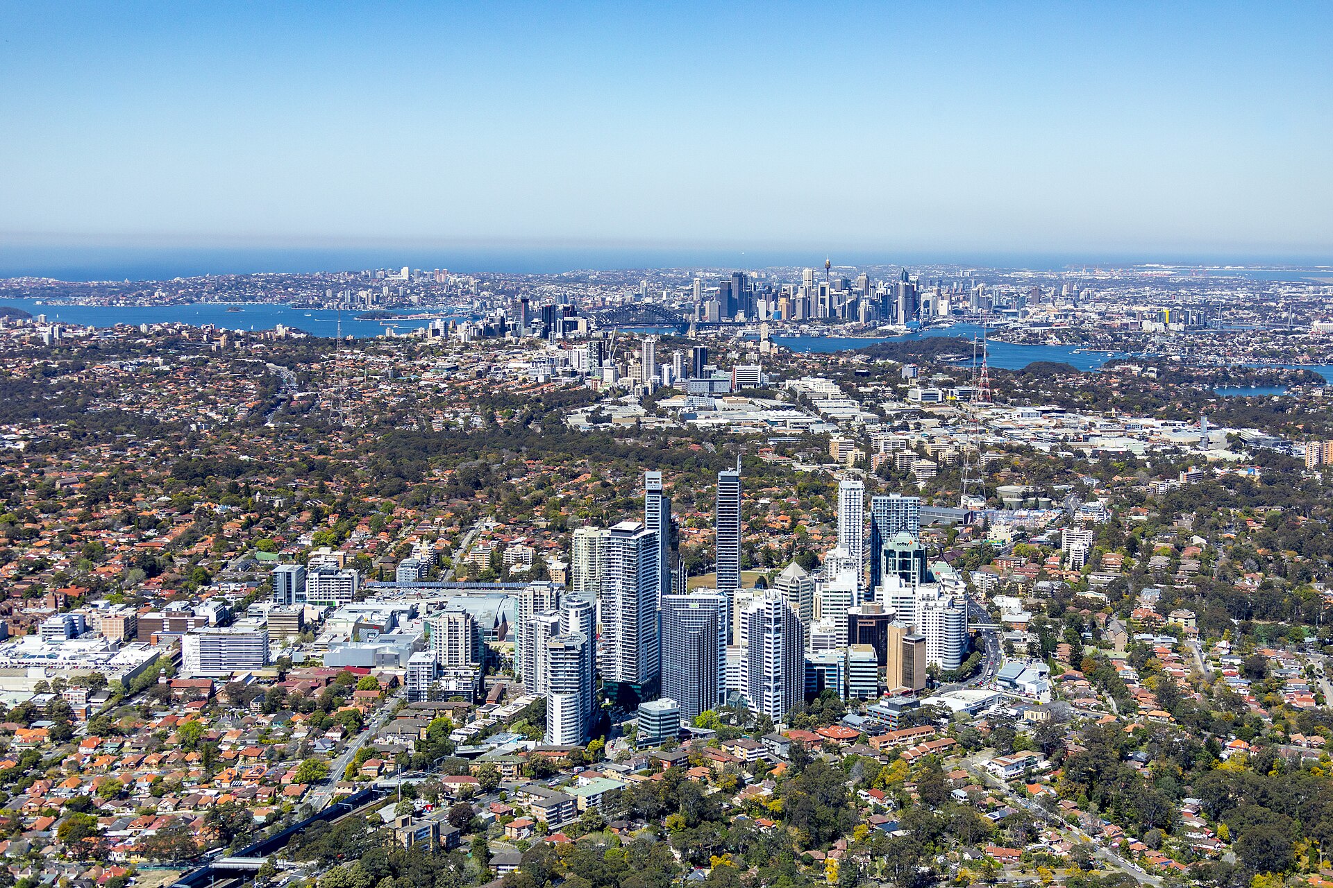 Aerial view from Chatswood towards the Sydney CBD